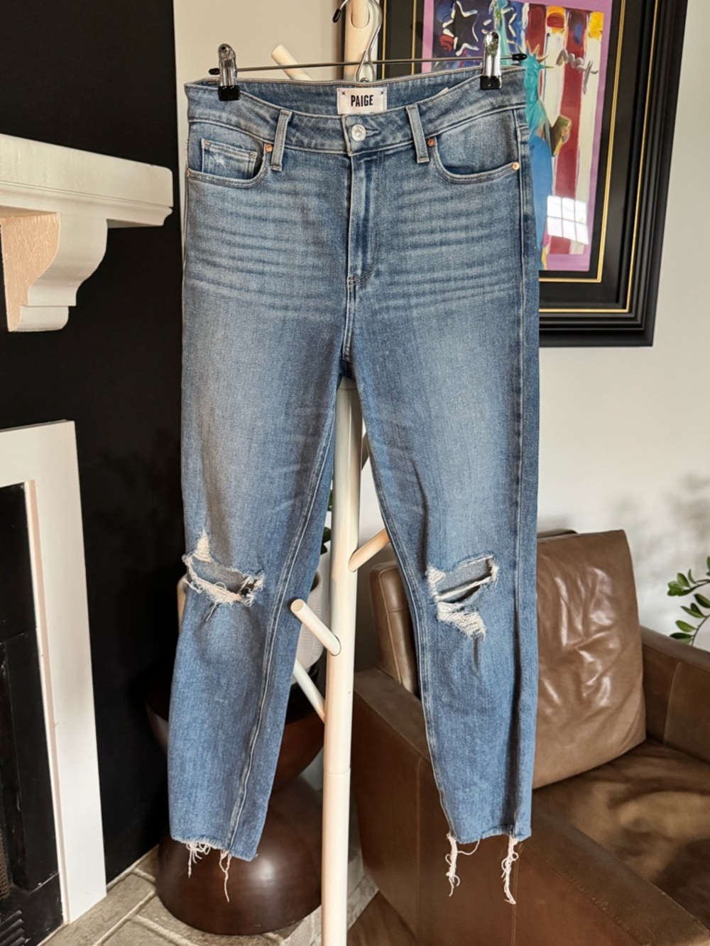 PAIGE Blue Distressed Ankle Skinny Jeans